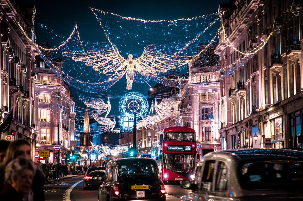 London street decorated with Christmas lights