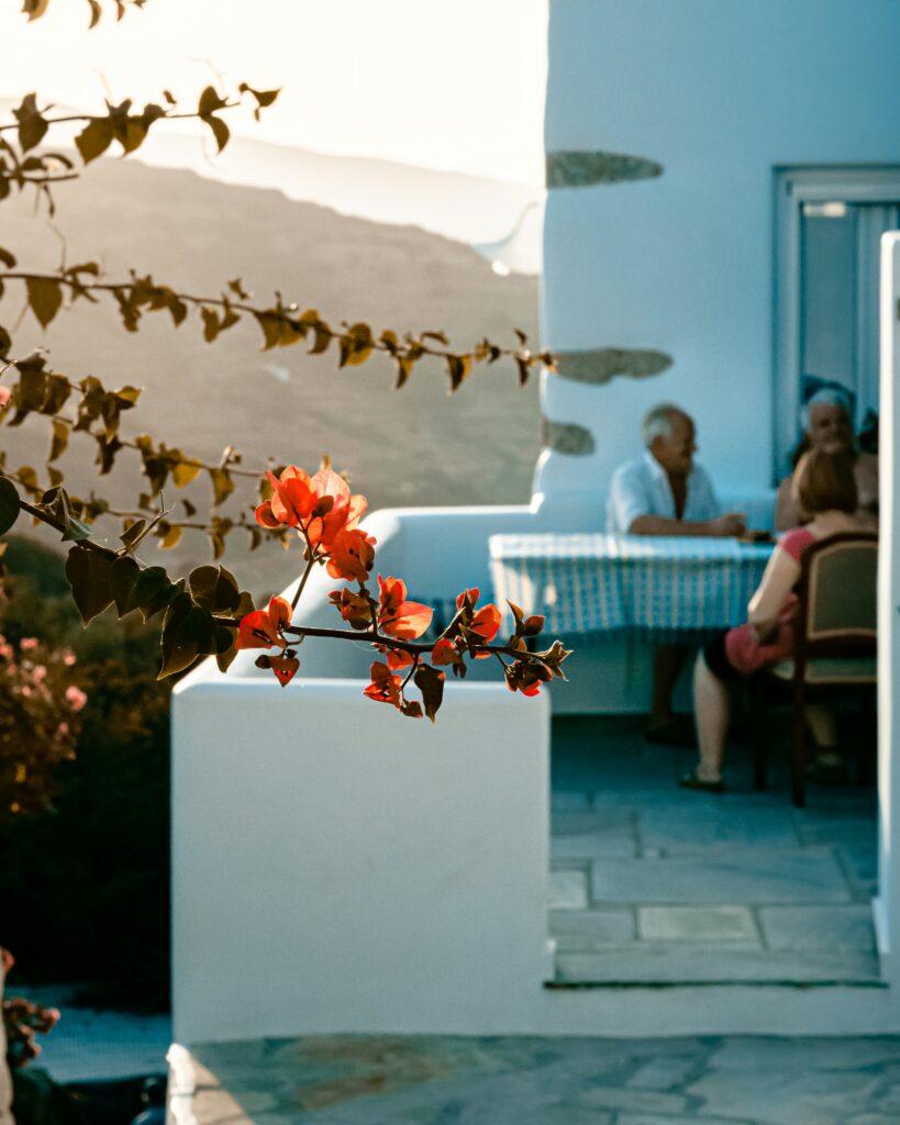 people eating at an outdoor table with a tree branch and red flowers in the foreground and mountains in the background