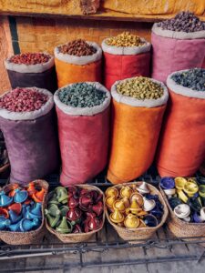 Colorful spices for sale in a Moroccan market