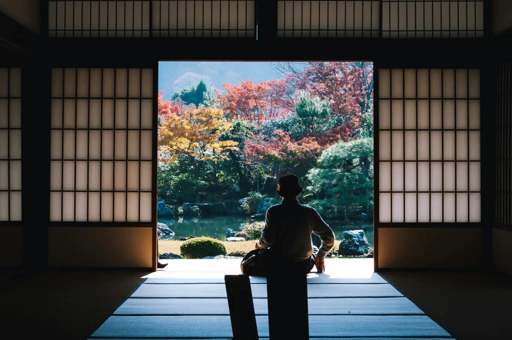 Person facing away from the camera sitting on the floor looking out at a lake with autumn leaves around it