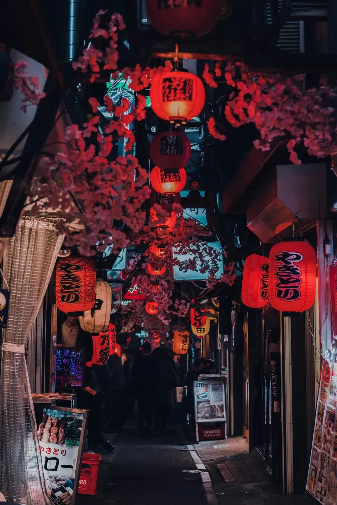 Red Japanese lanterns lining an alleyway