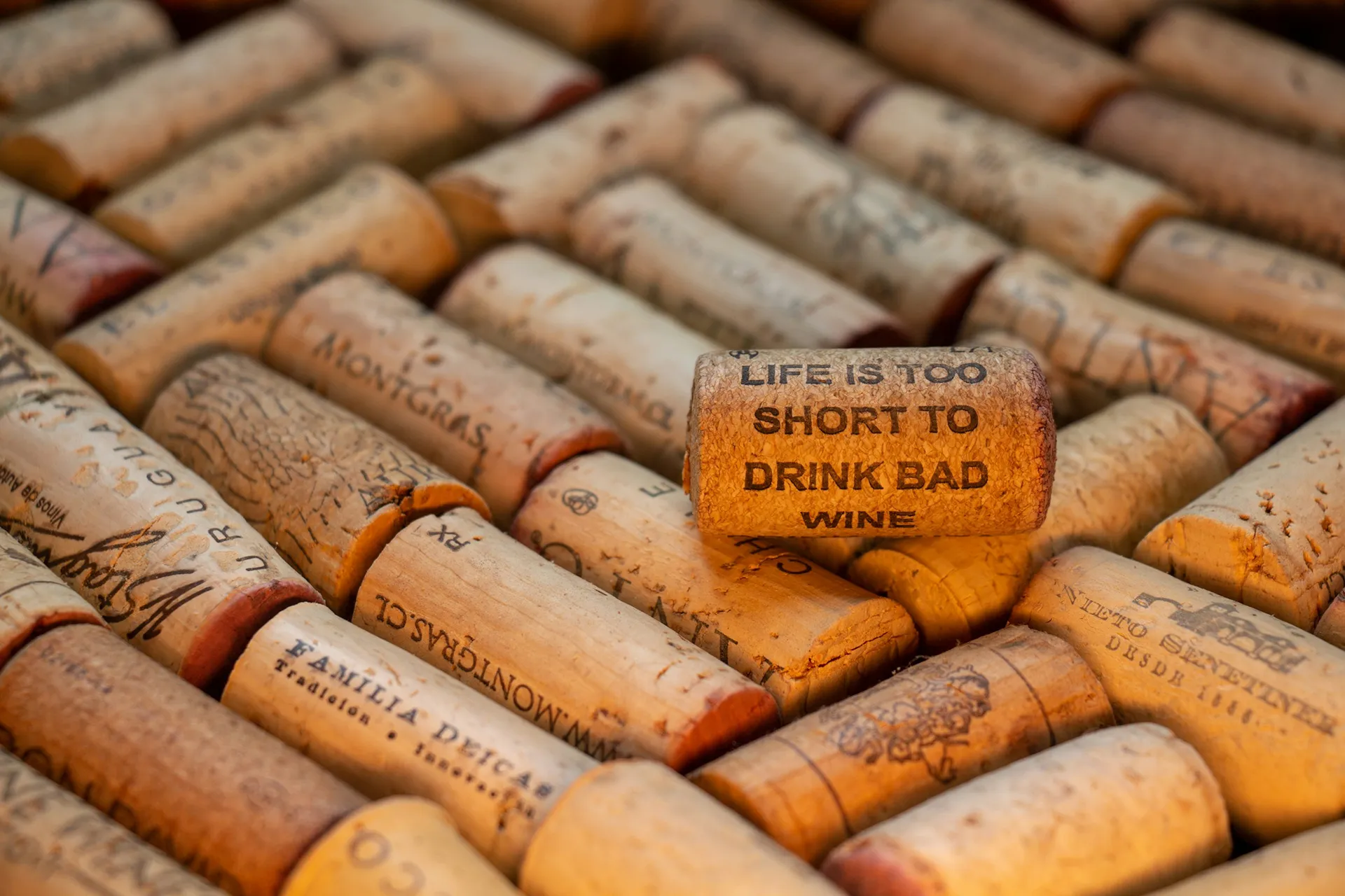 Wine bottle cork with the words "LIFE IS TOO SHORT TO DRINK BAD WINE" written on it