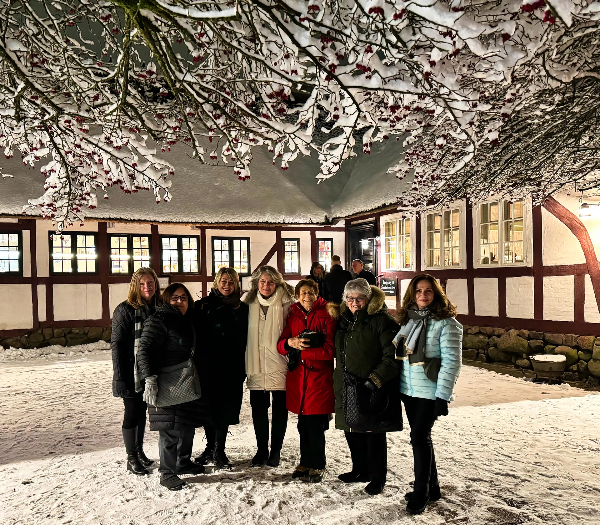 Delectable Destinations luxury culinary tour group of women outside a restaurant in Denmark. The tree branches and ground are snowy and the women look cozy and happy.